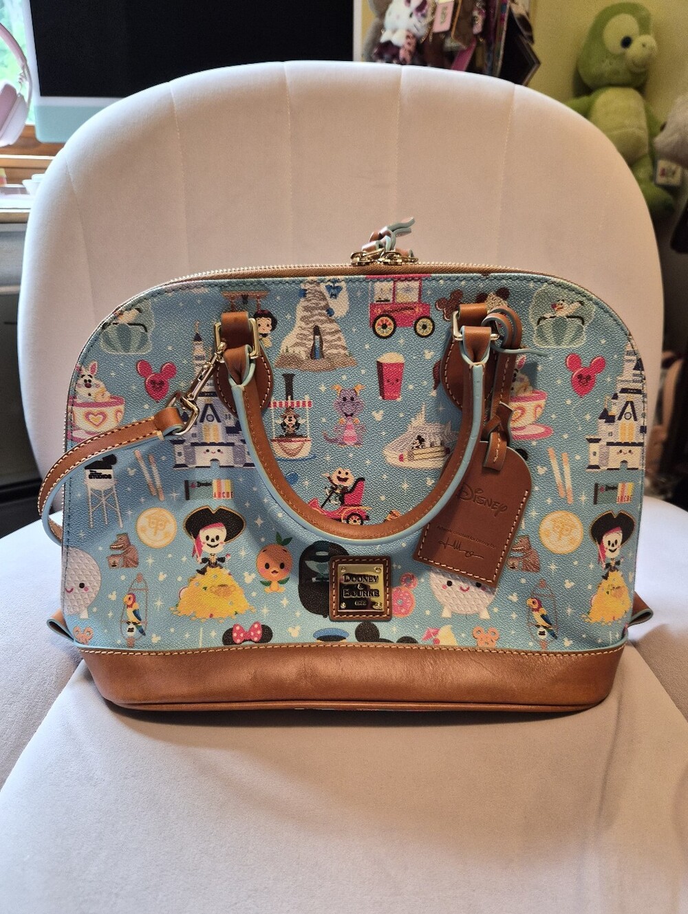 Dooney & Bourke Light Blue Disney Print Satchel with Brown Trim